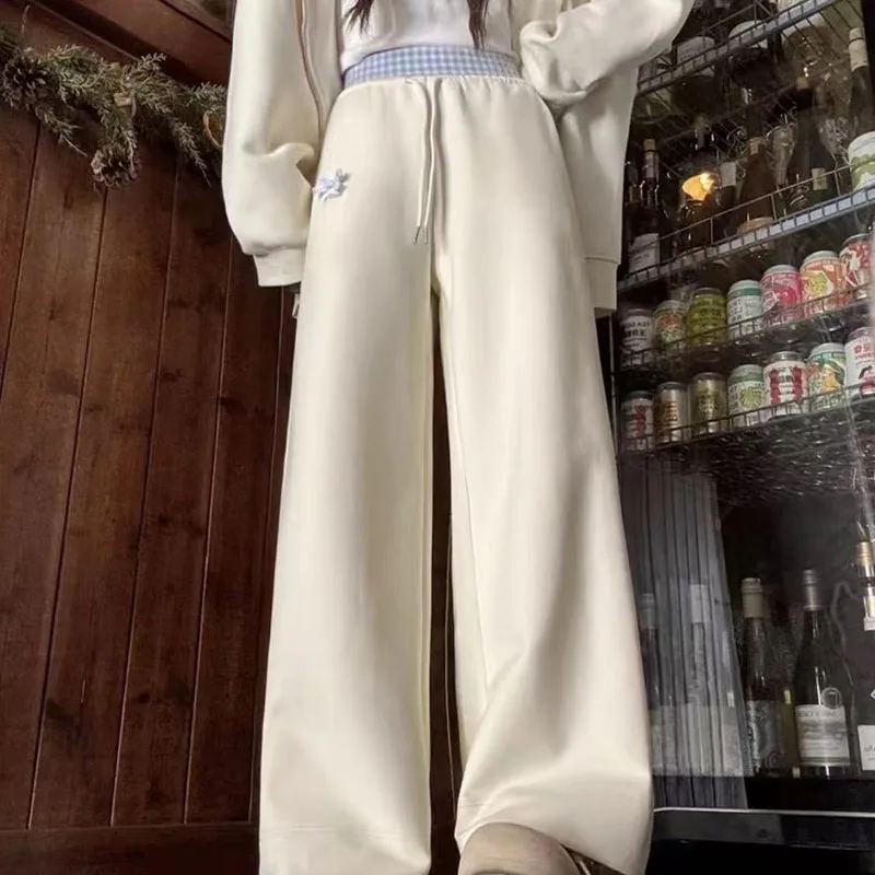 Plaid Patchwork Pants Women's Relaxed and Casual Spring and Summer New High Waist Cute Wide Leg Straight Pants Simple Fashion