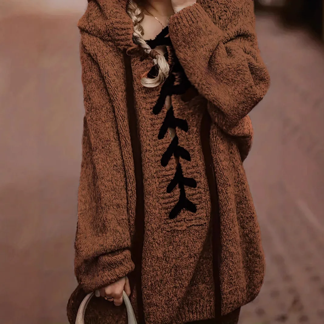 

European, American Autumn and Winter Retro Hooded Fashion Solid Color Long-sleeved Pullover Large Size Women's Sweater