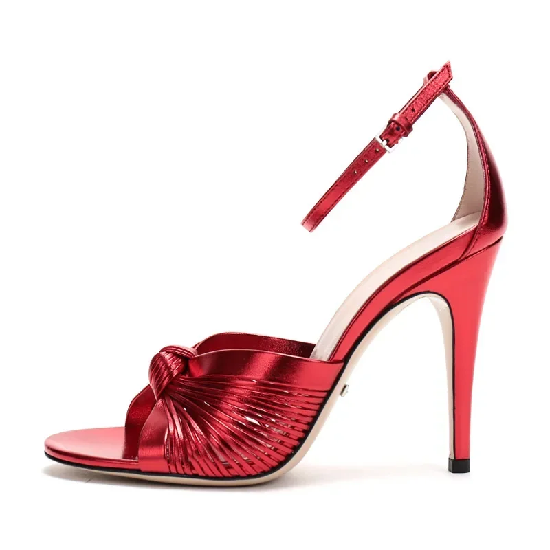 

2025 New Front Rear Strap Slingback Stiletto Heel Sandals Gold Knot Open Toe Sandals Women Novelty Sandal Solid Color Fashion