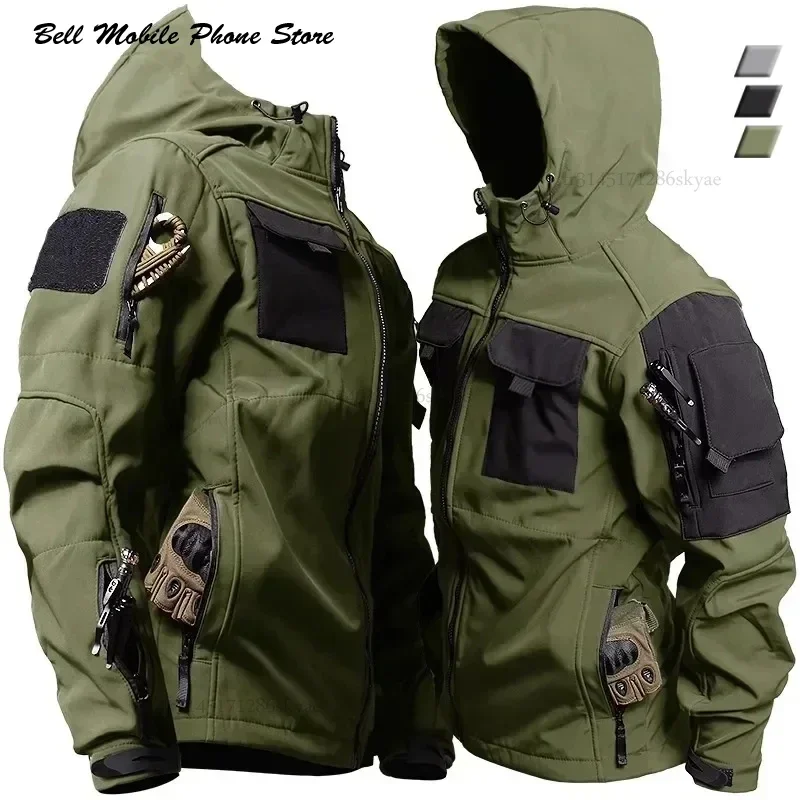 Jackets Men Outdoor Waterproof Hood Windbreaker Work Wear Soft Shell Multi-pockets Hunting Motorcy Tops Winter