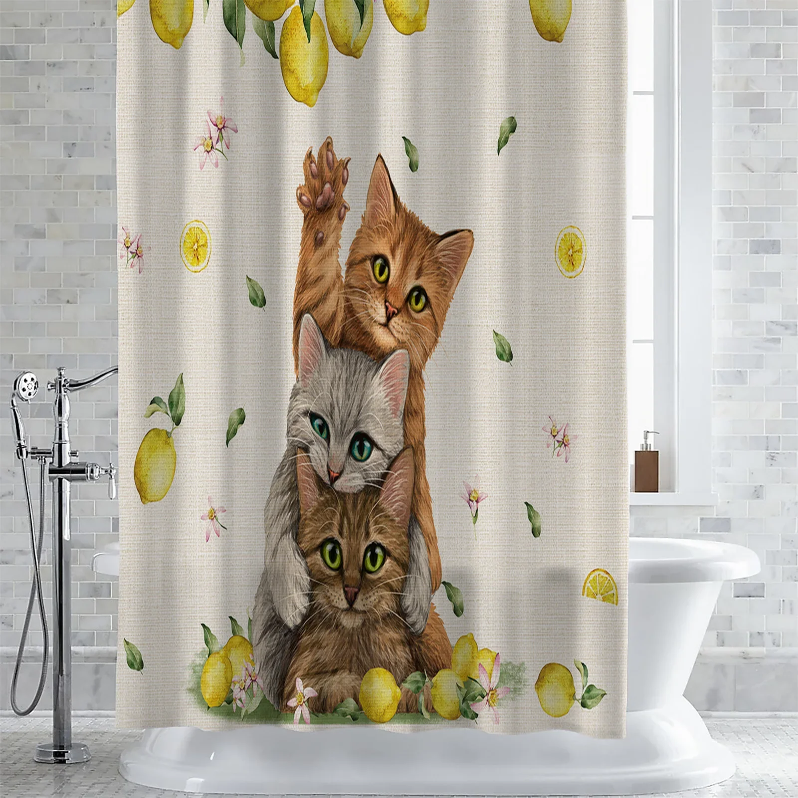 Summer Fruit Lemon Cat Shower Curtains Waterproof Bath Curtains Home Decor Modern Luxury Bathroom Curtain