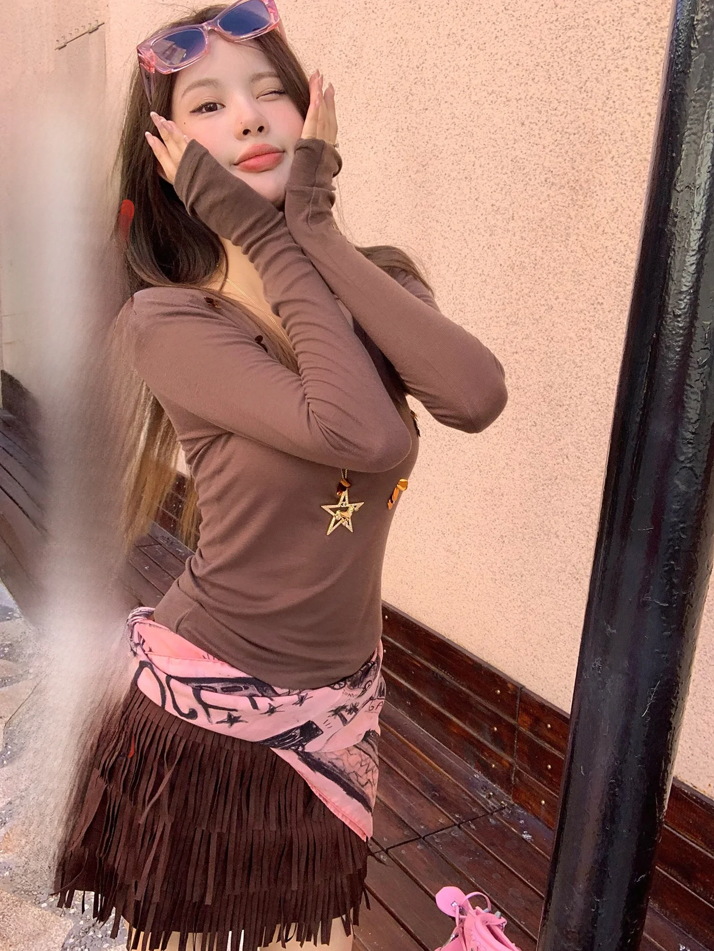 

Retro Slimming Tassel f Skirt for Women Western Girl Sle Autumn New Design A-Line Skirt High Waist Polyester Blend