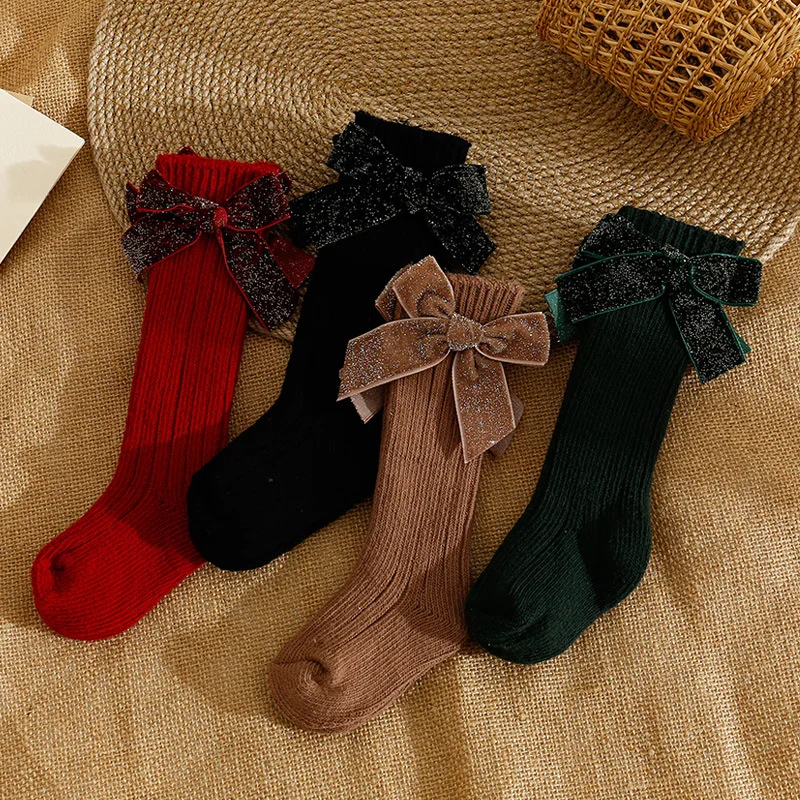 Red/Green Solid Toddler Kids Bow Socks Casual Baby Girls Ribbed Soft Breathable Christmas Sockens Autumn Knitted Children Socks