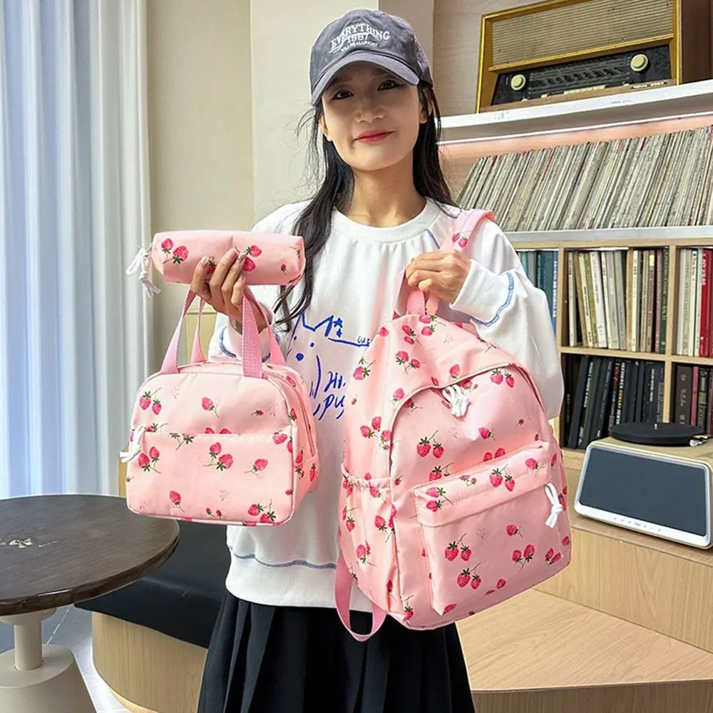 Zaino in tessuto Oxford con fragole Borsa da scuola di grande capacità stile preppy regolabile con borsa per il pranzo e astuccio Zaino da viaggio