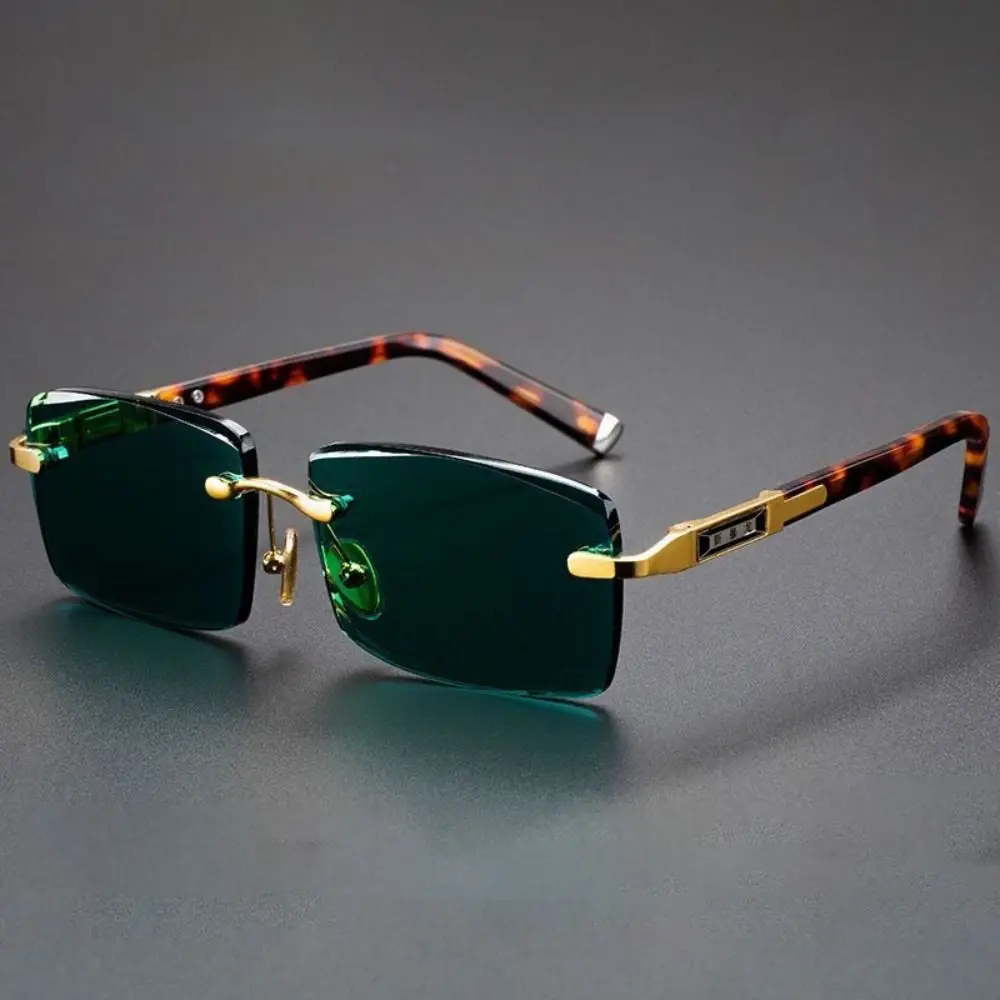 Retro Frameless Men's Sunglasses Leopard Print Metal Cycling Goggles Black Shades Green Crystal Stone Driving Glasses