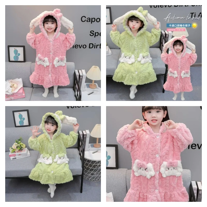 

Hot Sanrio Girl Pajamas Cinnamoroll Kawaii Anime Fashion Winter Child Flannel Keep Warm Tops Bathrobe Children's Clothing New