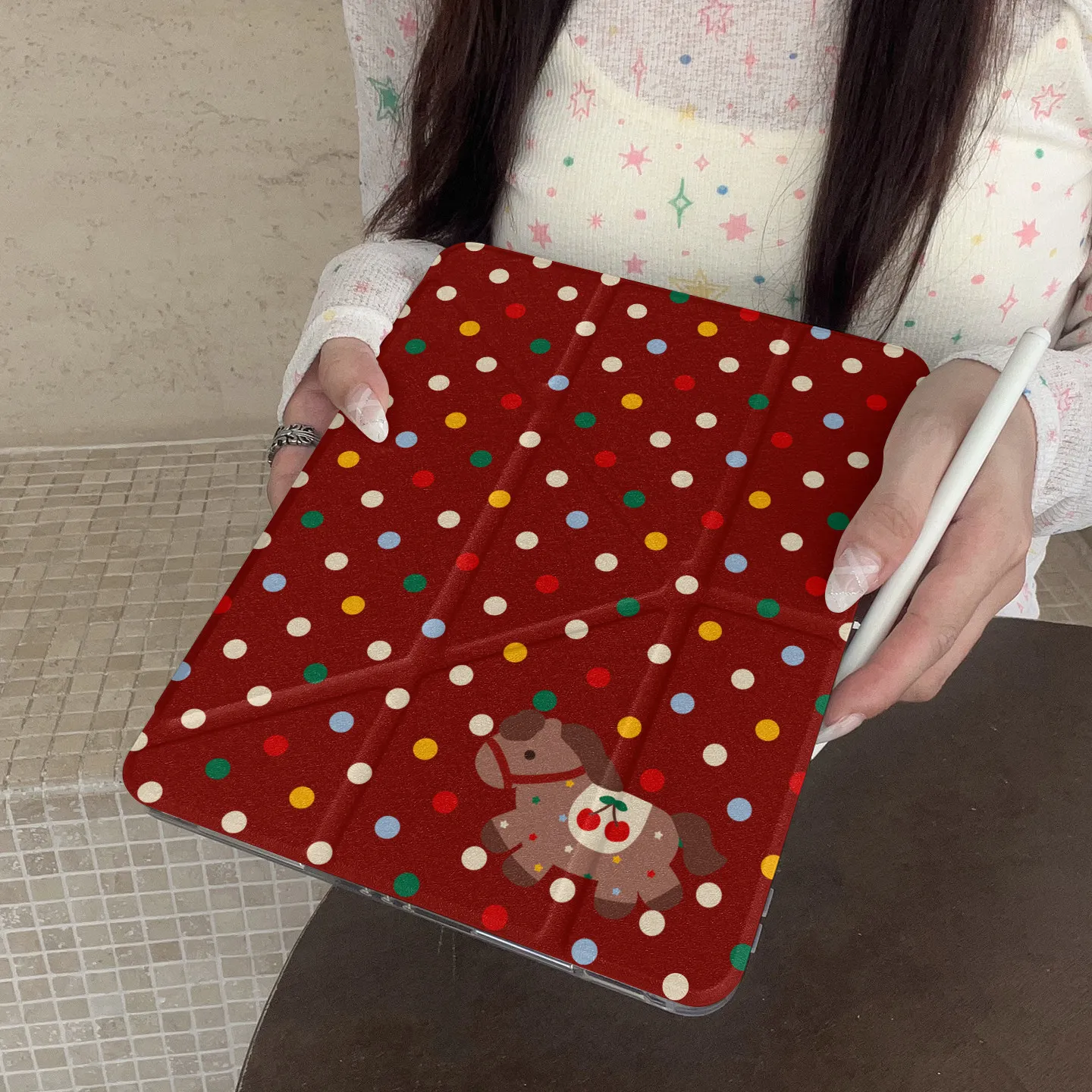 Ins Polka Dot Red Pony Tablet Case For iPad Pro 11 12.9 13 M2 M4 M3 M5 Shell 8.3 9.7 10.2 5/6/7/8/9/10/11th Air 2 3 4 5 6 Cover