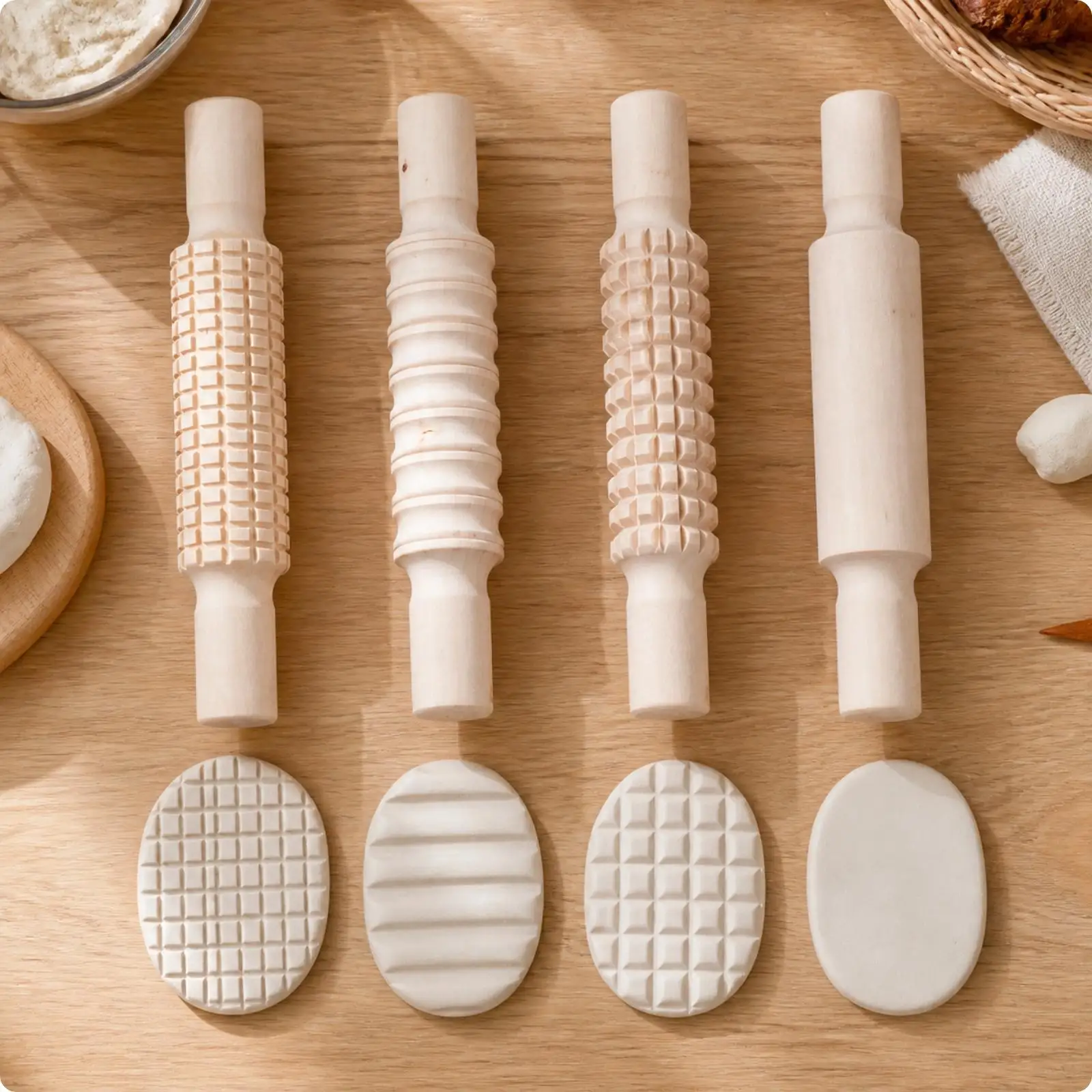 4 Pieces Rolling Pin with Turned Handles Smooth Polished Clay Rolling Pin Texture Dough Rollers Solid Wood Turning Handles