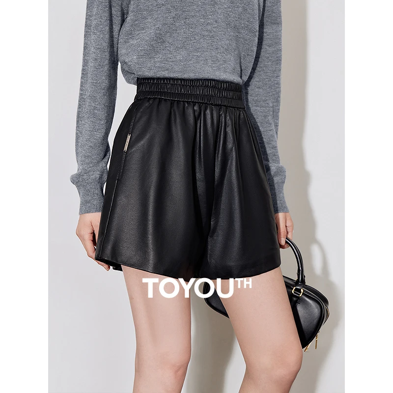 

TOYOUTH Women Shorts 2024 Autumn New PU Leather High Waisted Straight Wide Leg Shorts