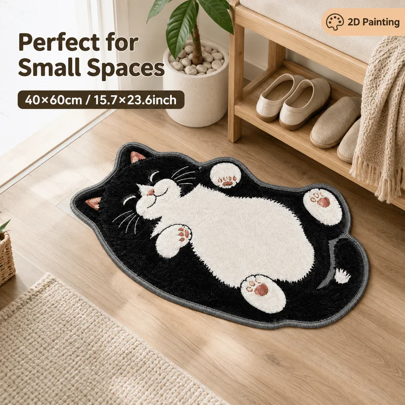 VIKAMA Cute Black White Cat Rug Irregular Shaped Belly Up Kitten Soft Fluffy Non Slip Absorbent Washable Bath Mat Bathroom Decor
