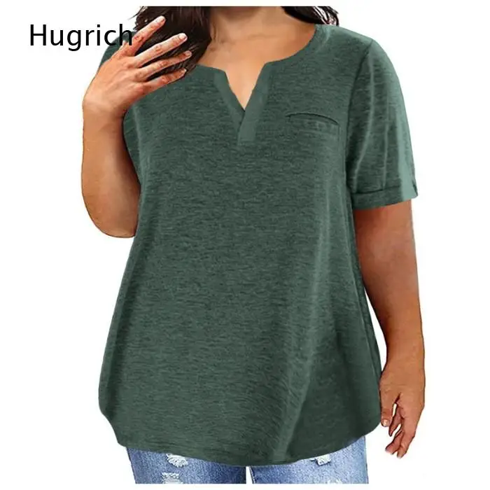 Heather Gray Plus Size Notch V Neck Chest Pocket T-Shirt Women Roll Cuff Short Sleeve Loose Flowy Daily Casual Henley Top