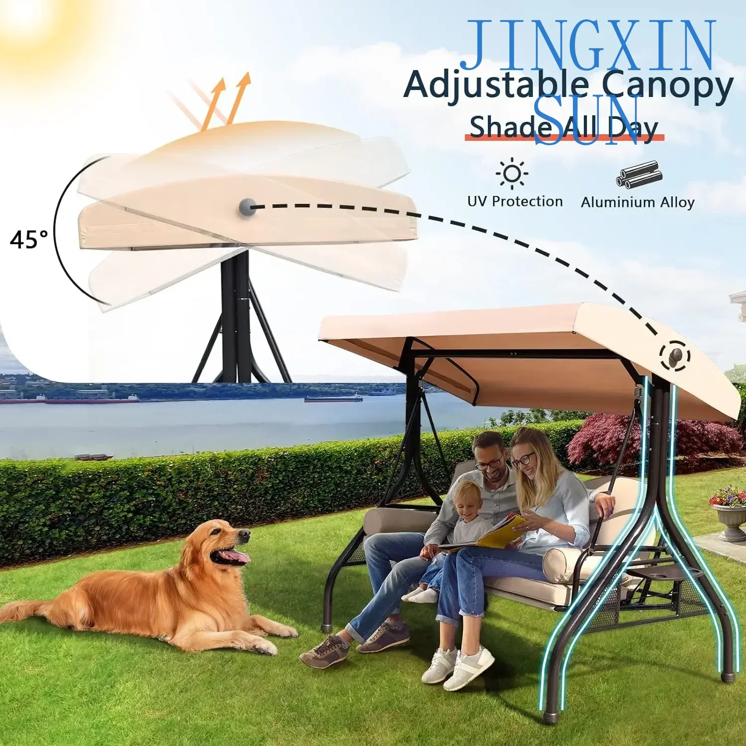 Patio Porch Swing, 3-seater outdoor swing with adjustable canopy, pillows, pillows and foldable side trays，Khaki