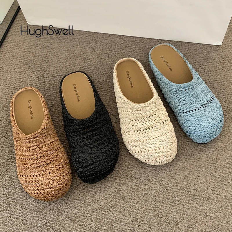 Chic Crochet Knitted Mule Clogs Woman Breathable Linen Weaved Hollow Out Slide Sandal Ladies Brand Design Round Toe Birken Shoes