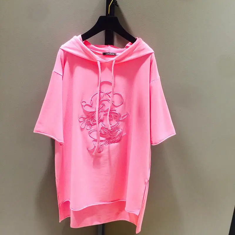 New Summer Women Embroidery Tshirt Loose Hoodies Medium-long Short Sleeve Tops All-match Students T-shirts Korean Female T Shirt