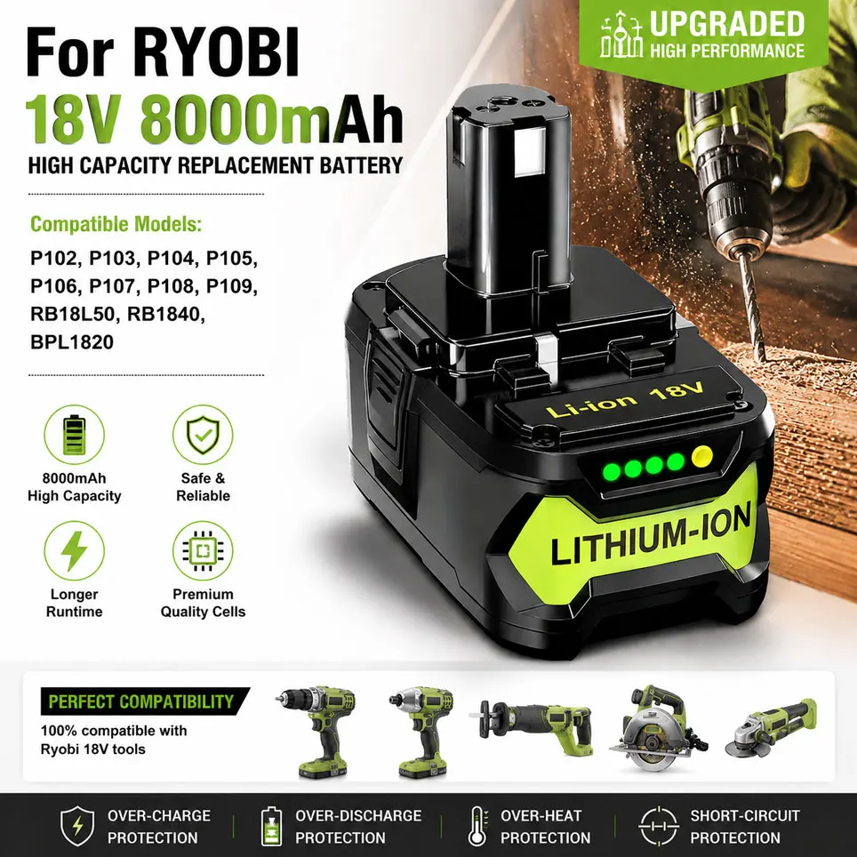 Neu 100% für RYOBI 18V 8000mAh Lithium-Ionen-Akku für Elektrowerkzeuge, Wiederaufladbar, One+ Plus BPL1820 RB18L50 RB18L40 P104 P107 P108 P109