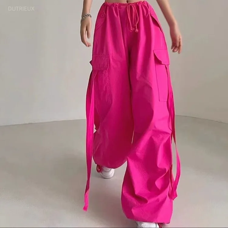 Y2k Pink Cargo Pants Women Streetwear Baggy Lace Up Sweatpants Low Rise Hip Hop Trousers Korean Style Pantalones Summer