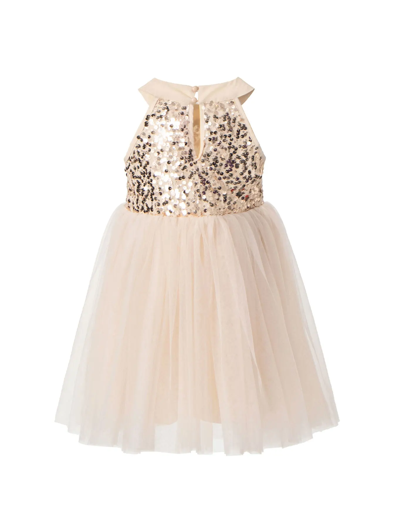 Fashionable Girls' Champagne Black Party Halter Sequin Dress, Solid Color Multi-Layered Tulle Skirt, Comfortable, Soft, Breathable, Suitable for Spring Outings, Family Gatherings, Halloween, Christmas, Birthday Parties, Princess Dress