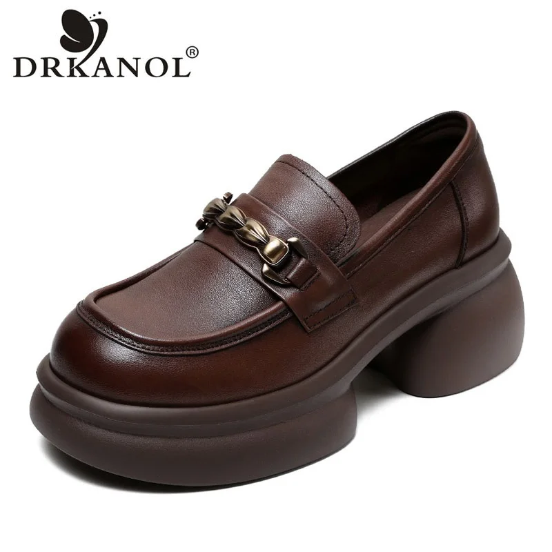 DRKANOL Women Platform Loafers Luxury Design Thick High Heel Pumps Ladies Slip On Genuine Leather Metal Round Toe Casual Shoes