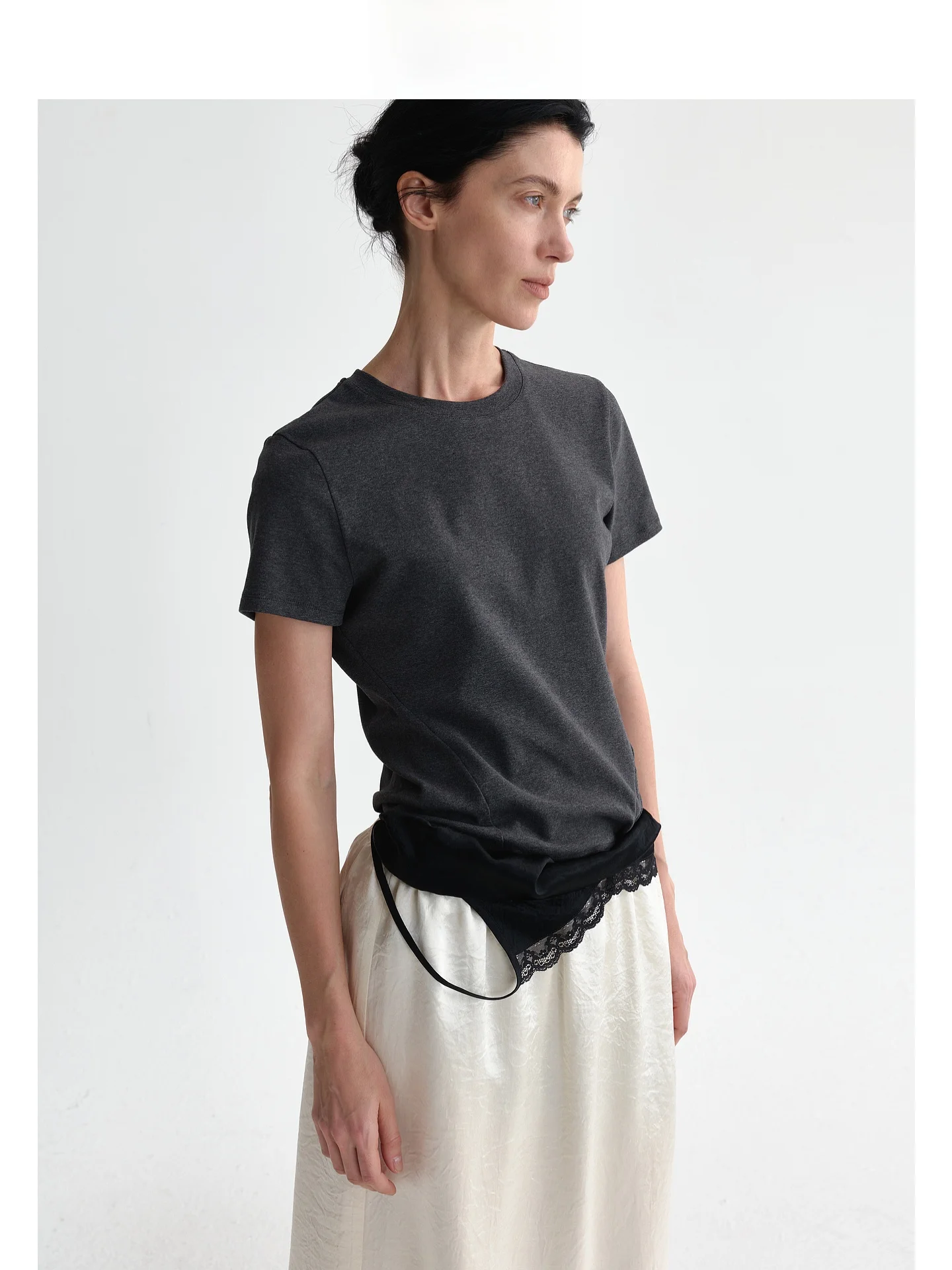 Planites Breathable Knitted Cotton Short Sleeve T-Shirt Tailored Fit Diagonal Seaming Women's Spring Fashion Basic Style