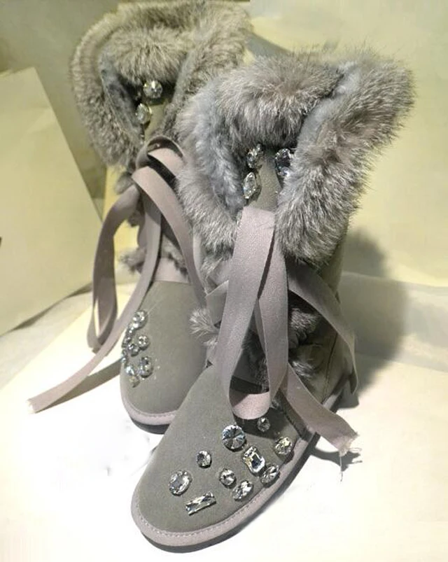 Glitter Rhinestone Real Rabbit Fur Snow Boots Ribbon Bowtie Lace- Up Crystal Warm Plush Grey Purple Suede Woman Winter Fur Boots