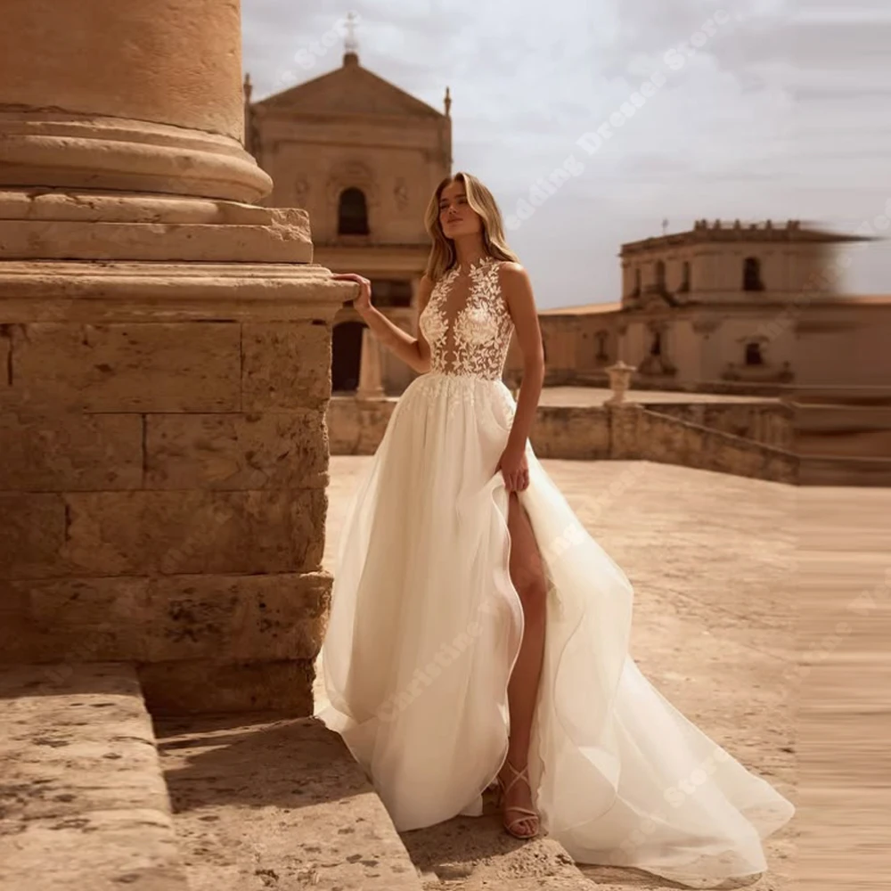 홀터넥 칼라 A라인 웨딩드레스 섹시한 민소매 튤 백리스 웨딩드레스 약혼 연회 드레스 맞춤 제작