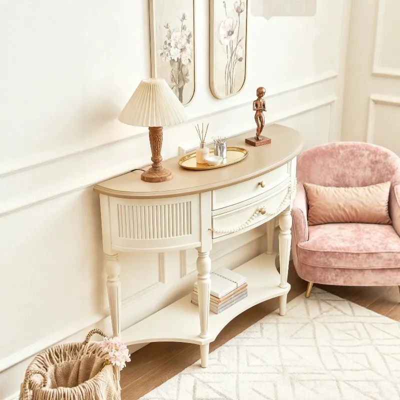 

French full solid wood semi-circular entryway cabinet European retro console American simple entrance table foyer cabinet