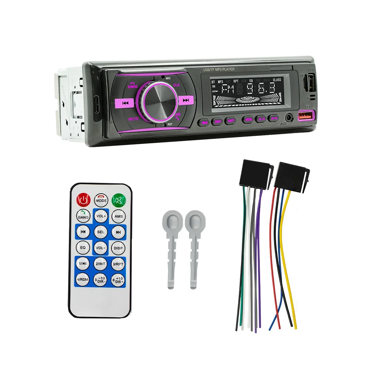 Único Din Car Audio Stereo Receiver com Display LCD, Bluetooth, AM, Rádio FM, MP3 Player, USB, SD, AUX APP