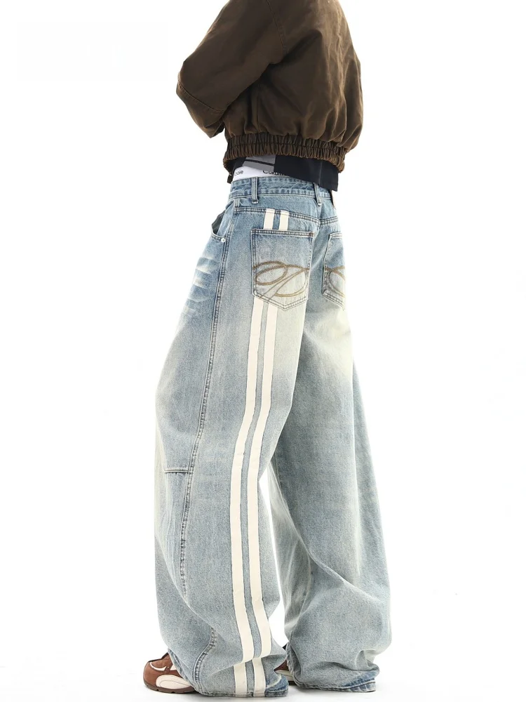 

American Style Lazy Water Washed Knife Denim Jeans Women's Striped Design Loose Casual Retro Embroidered Wide Leg Pants