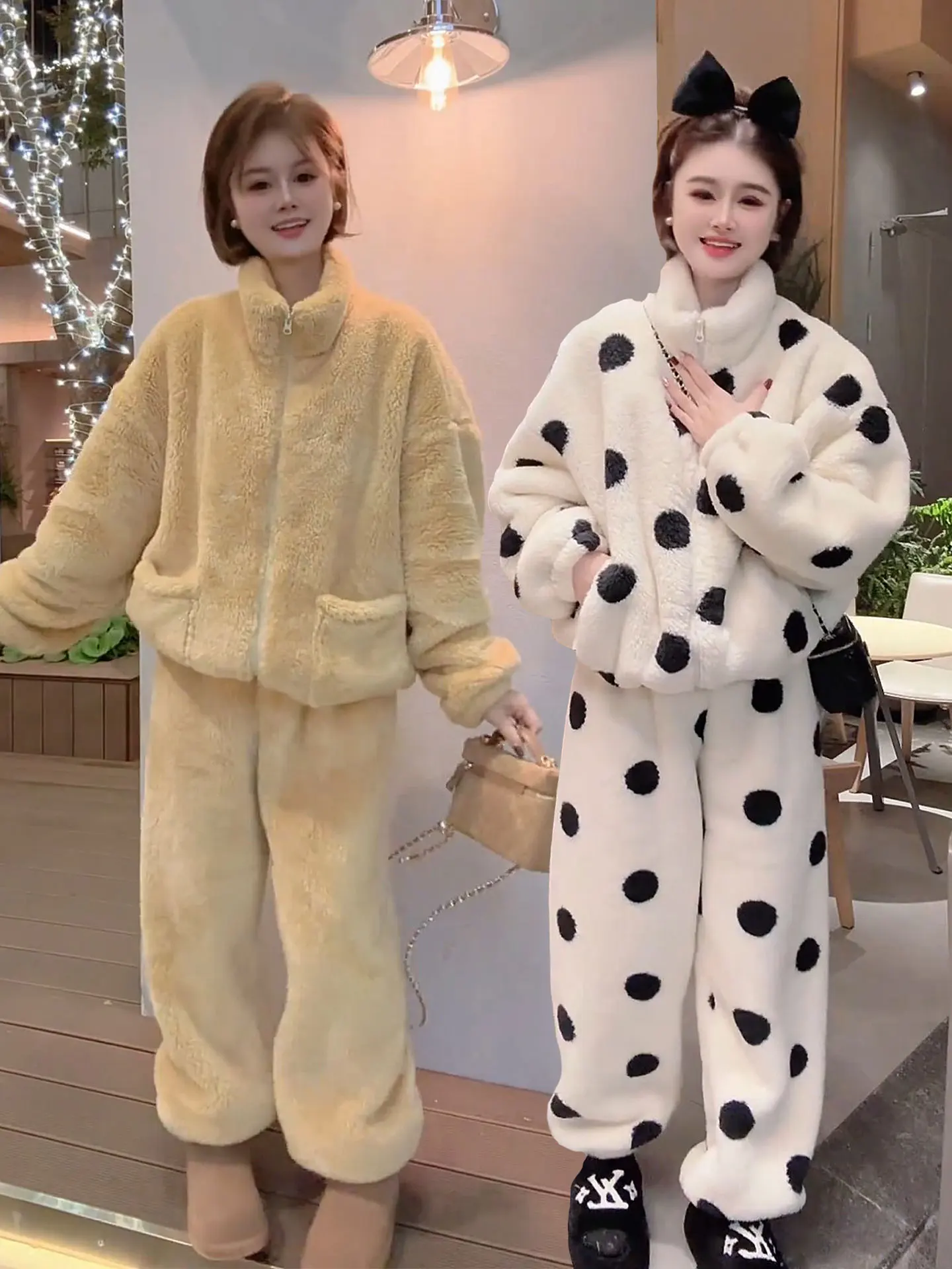 

Thickened Coral Fleece Pajamas Set Women's Winter Home Clothes Long Sleeve Stand Collar Open Cardigan Style Warm Flannel Nigh...