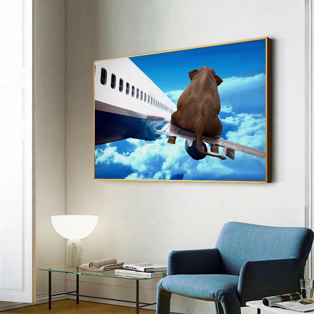 Funny Elephant Sits On Airplane Canvas Painting Nordic Cartoon Animals Posters Prints Wall Art Pictures For Kids Room Home Decor