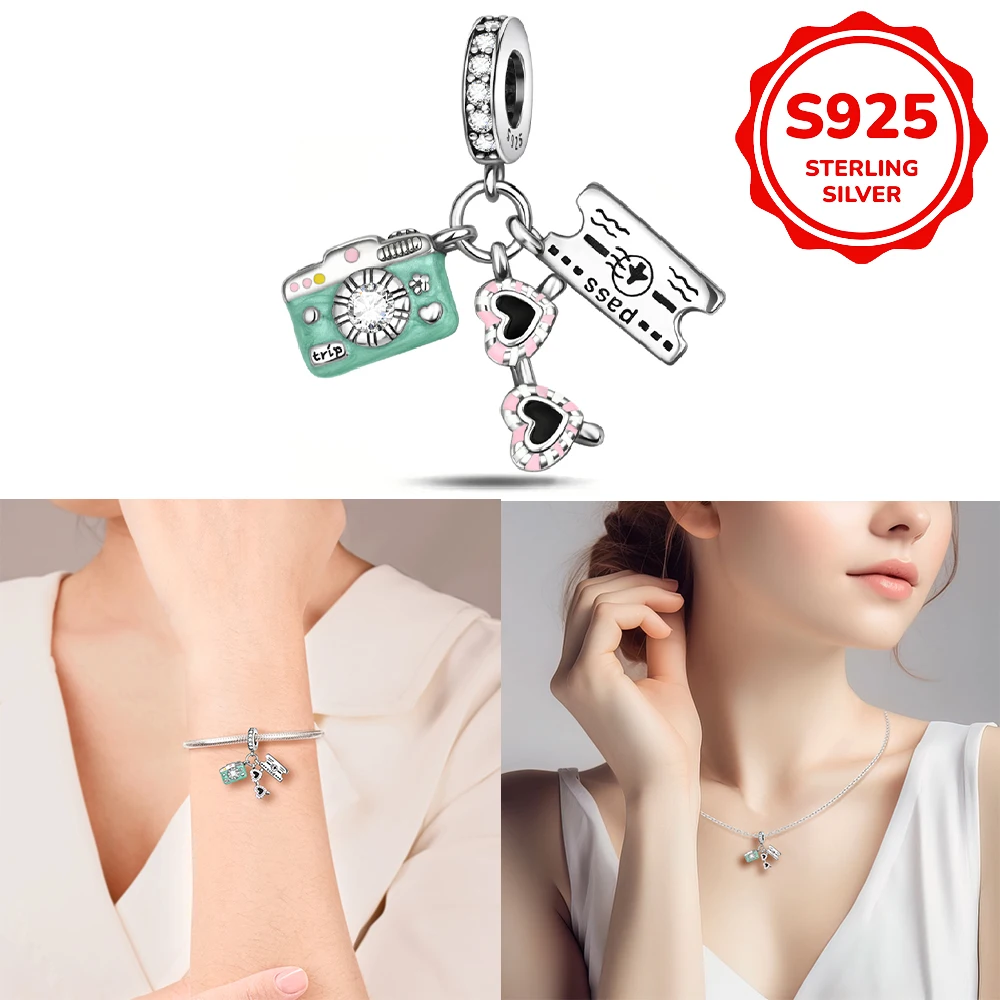 925 sterling silver camera ink airplane ticket pendant compatible with original bracelet, men's and women's DIY jewelry gift