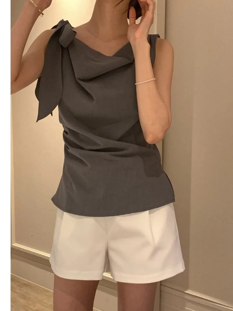 Elegant Women's Shirt Korean Style No Sleeve Belted Slimming Younger Looking Straight Cut Summer Fashion Ladies' Premium Blouse view 5