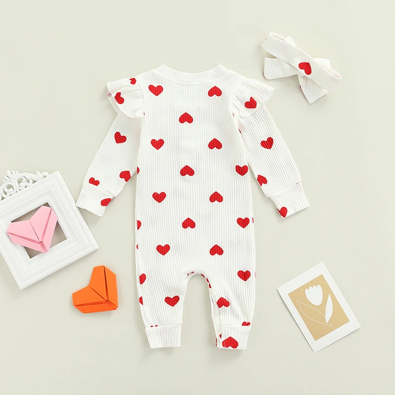 Newborn Baby Girls Valentine\'s Day Romper Ruffle Ribbed Bodysuit Heart Jumpsuit with Headband Valentine Outfits 0-18M