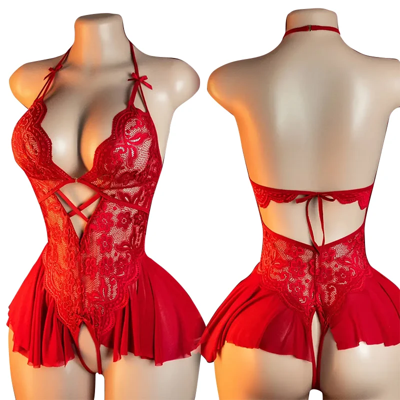 Red Women Open Bodysuit Crotchless Sexy Temptation Adult Erotic Lingerie Pajamas Lace Sex Costumes Deep V-neck Hot Underwear