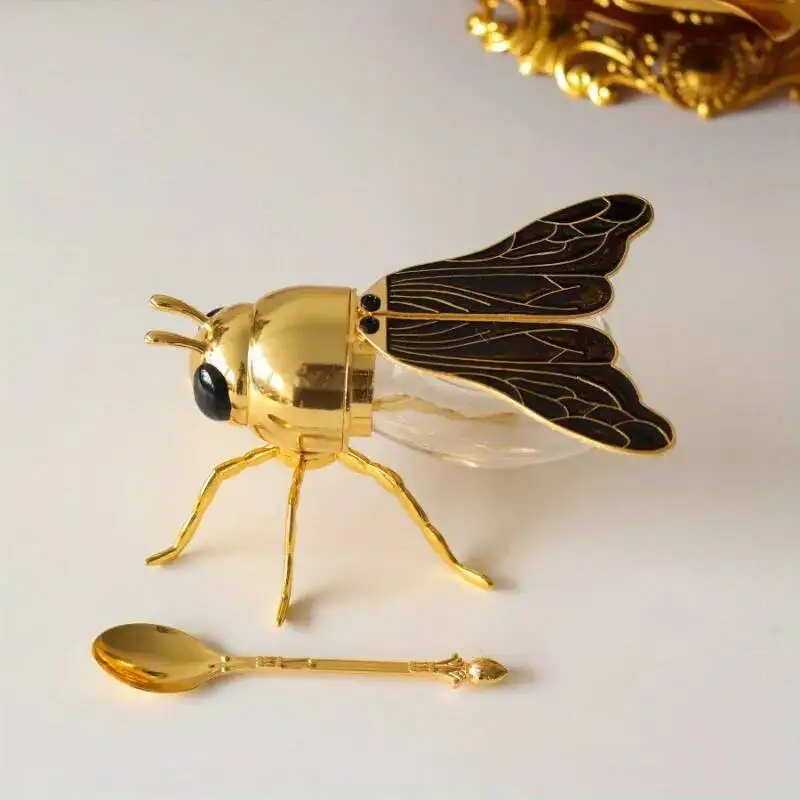 Animal Shaped Sugar Bowl Decor 1pc Black Bee Honey Jar Lid Golden Accents Tabletop Ornament Home Desktop Decor Supplies Set