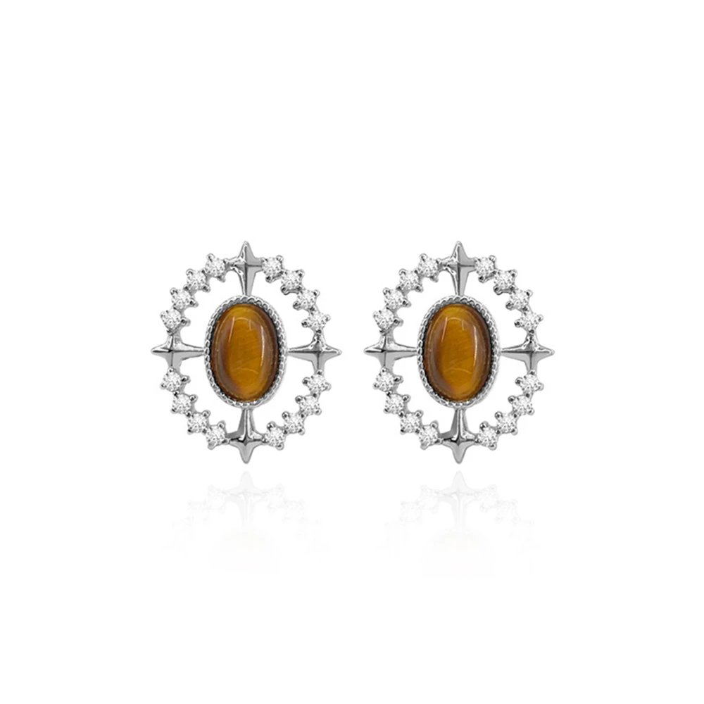 

S925 Sterling Silver Maillard Style Tiger's Eye Earrings for Women Niche Design High-End Zircon Accessory