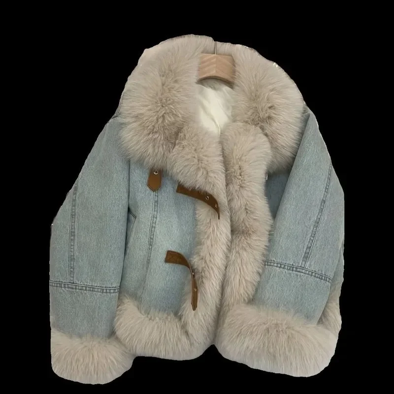 الكورية الدنيم سترة المرأة تصميم تحسس الفراء طوق الأزرق موضة مبطن أفخم الجمالون القطن سميكة الدافئة تقليد الفراء أفخم معطف