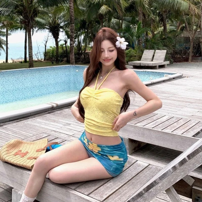 الفرنسية الرباط الأزرق الأزهار صديرية دائرية المرأة منفصلة ملابس السباحة مجموعة الساحلية الصيف عطلة الشاطئ عطلة ملابس السباحة لفتاة #4