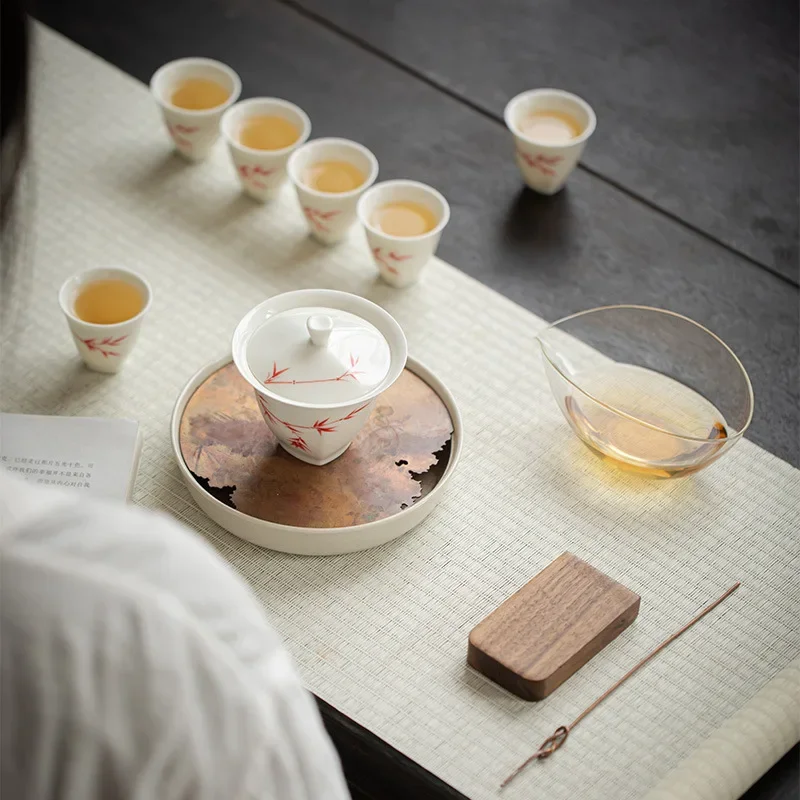Chinese Ceramic Jade Clay Hand-painted Tea Set Mutton Fat Jade Porcelain Red Bamboo Teaset Tea Room Home Tea Gift Box Teaware