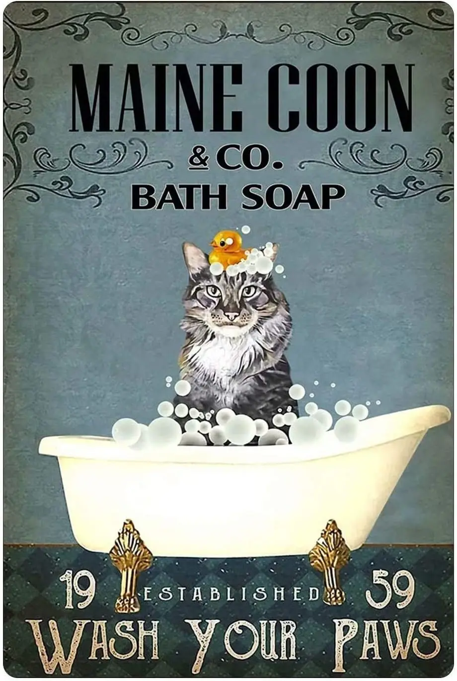 Funny cat metal poster maine coon co. bath soap wash your paws retro metal tin sign bathroom kitchen living room home art wa 1pc