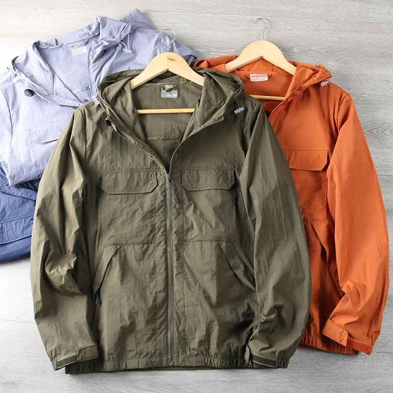 Outdoor Men's Spring Summer Breathable Waterproof Hooded Skin Jacket Pure Color Casual Outerwear Fashionable Standard Fit