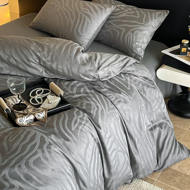 

Nordic Cotton Jacquard Bedding Set Dark Grey Stripe Skin-Friendly Sheets 2 Pillowcases Included for Twin Double Queen King S