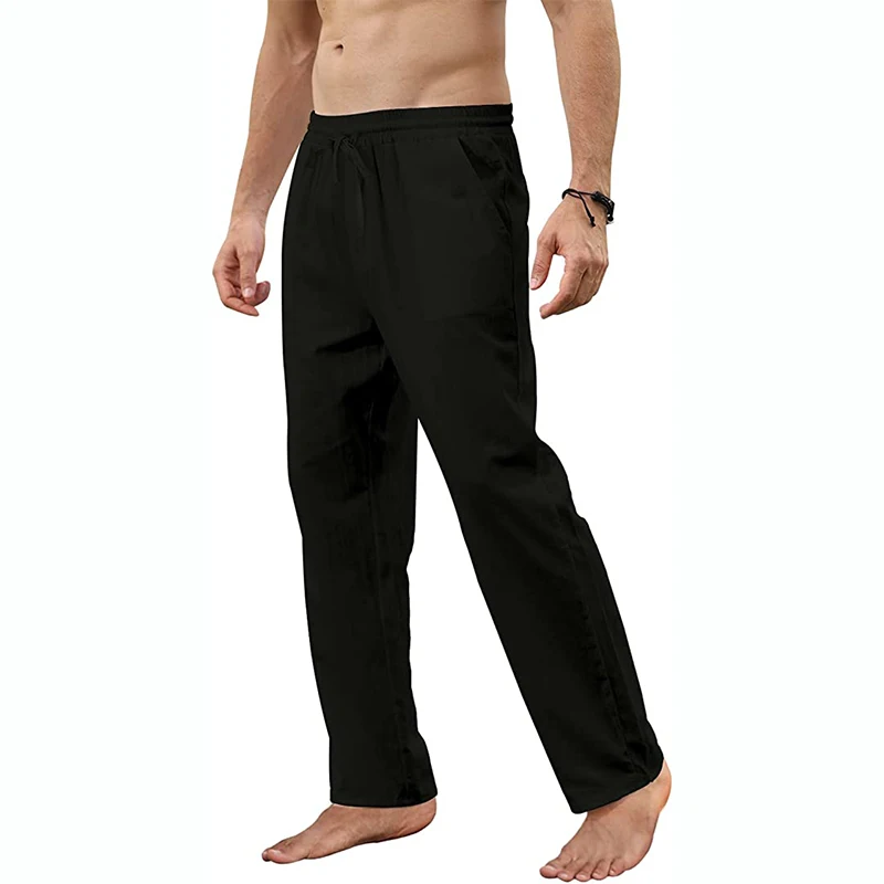 Erkek pamuk keten pantolon gevşek bahar rahat pantolon erkek nefes düz renk tam boy İpli Jogger Yoga keten pantolon