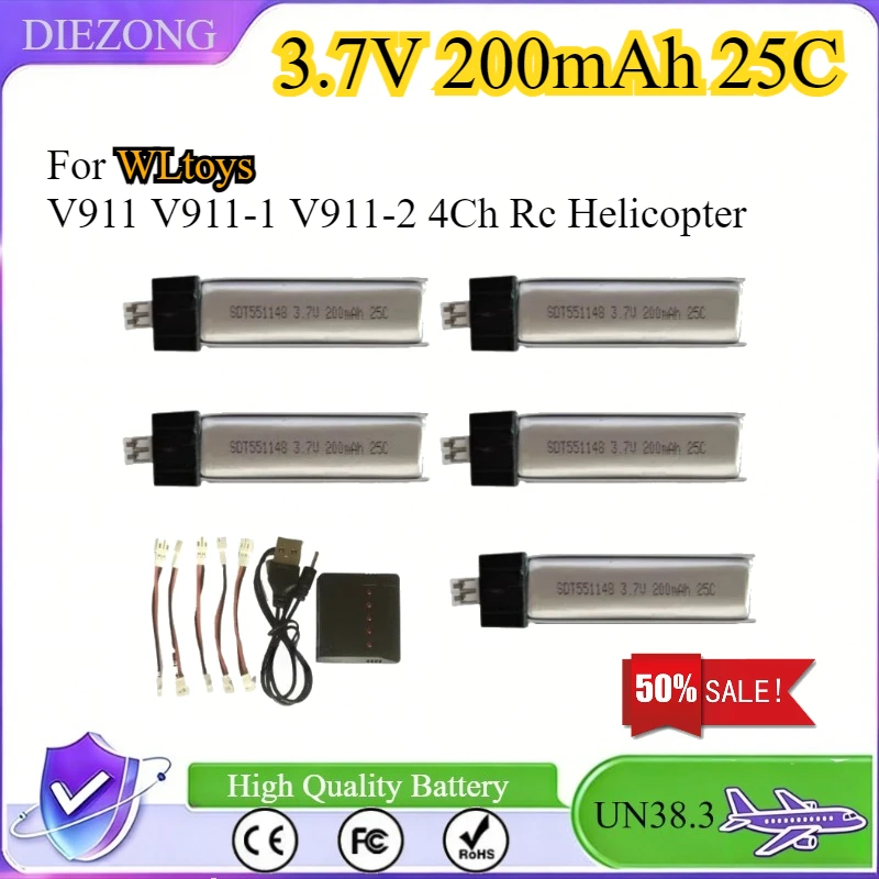 

3.7V 200mAh Ultra-high Capacity 3.7V 200mAh Lipo Battery for WLtoys V911 V911-1 V911-2 4Ch RC Helicopter 1-5pcs Bateria