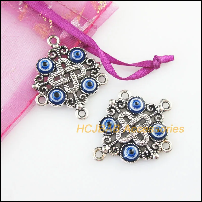 Fashion 5Pcs Tibetan Silver Plated Flower Chinese Knot Round Eye Resin Charms Connectors 30x37mm