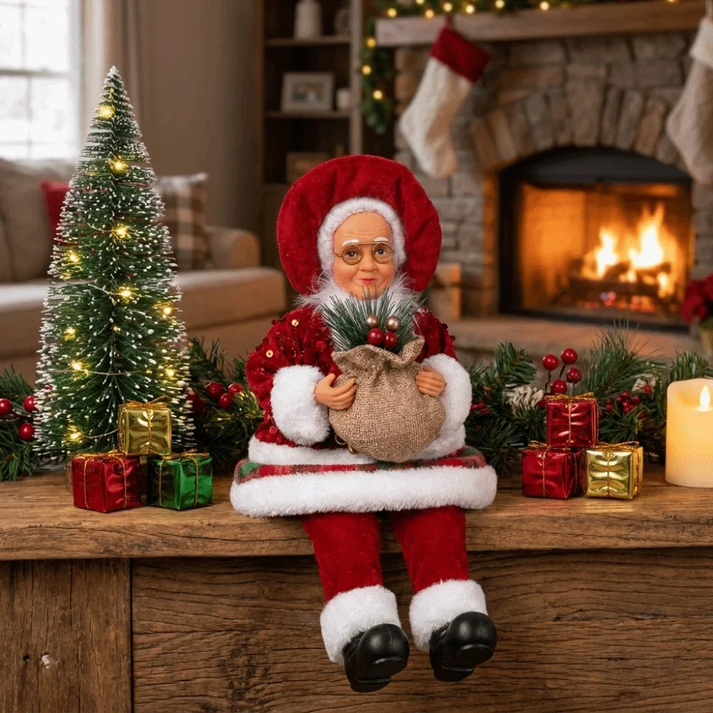Standing & Sitting Mrs. Claus Christmas Statue Pine Berry Felt Xmas Figurine Faux Wool Red Plaid Sequin Ornament Mantel
