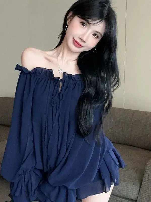 

Французский шифоновый топ свободного кроя с завязками, женский, на одно плечо, с многослойным дизайном в форме лепестков, стройнящий силуэт, осень-зима, новинка