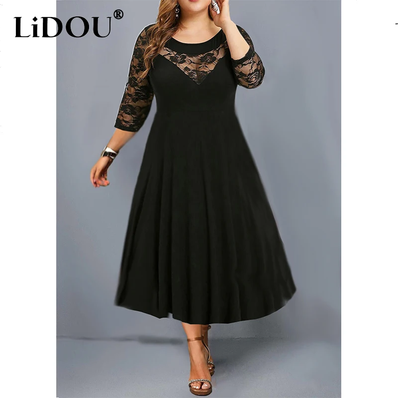 Spring Autumn New Lace Black Plus Size Crew Neck Big Hem Long Dress Women 6XL Three Quarter Sleeves Oversized Vestidos De Fiesta