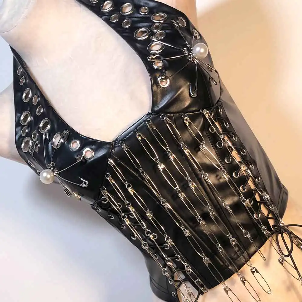 Goth Tops Eco Grunge Rave Pin Y2K T-shirt Spikes Emo Clothing Festival Scene Gothic Tank PU leather Black Punk Rock Clothes