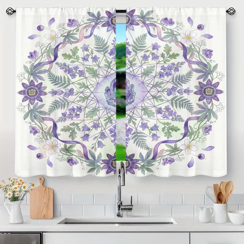 Decorative Floral Wreath Curtains Semi Sheer Window Panels Light Filtering Cottagecore Style Spring Mandalas Shower Curtain